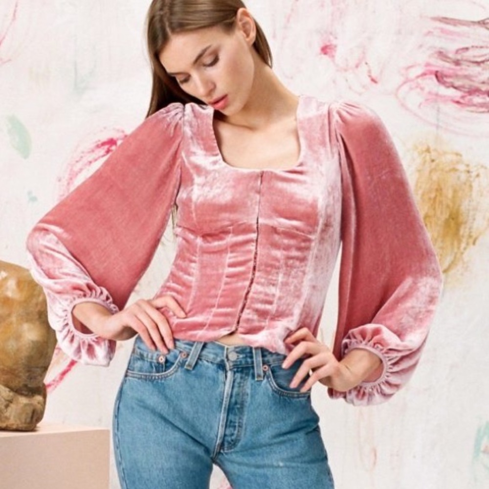 Staud Pink Velvet Corset-Inspired Clasp Shirt Blouse